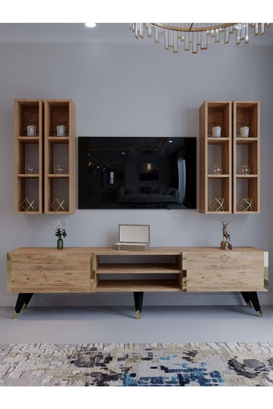 Myniture Home & Living Tv Ünitesi G3001-6 ATLANTİK GOLD COLOR Tv Sehpası ve Duvar Rafı - 2