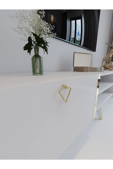 Myniture Home & Living Festival Tv Ünitesi G3006-1 Beyaz Parlak Gold detaylı Minifiks Bağlantı Tv Sehpası ve Duvar Rafı - Resim 4
