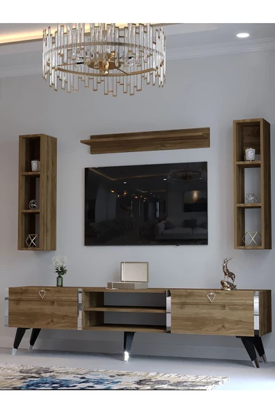 Myniture Home & Living Festival Tv Ünitesi S3009-2 CEVİZ - COLOR Silver detaylı Minifiks Bağlantı Tv Sehpası ve Duvar Rafı - Resim 3