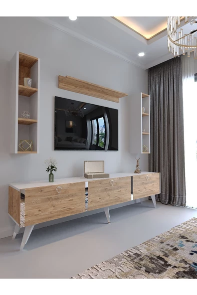 Myniture Home & Living Festival Tv Ünitesi S3008-6-1 BEYAZ ATLANTİK SİLVER COLOR Tv Sehpası ve Duvar Rafı