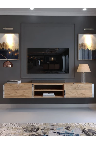 Myniture Home & Living Festival Duvara Monte Tv Sehpası A. Çam S10009-6 Silver - Resim 2