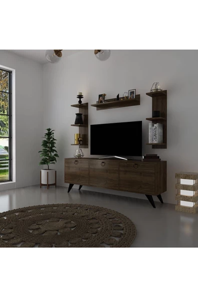 Myniture Home & Living Icon Raflı Tv Ünitesi Q3028-2 Ceviz Kulplu Dolaplı Modern Tv Sehpası - 3