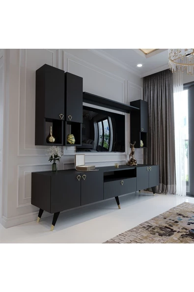 Myniture Home & Living Modern Tv Sehpası Gold Üçgen Kulp Kepli Q8024-4 Antrasit - Resim 4