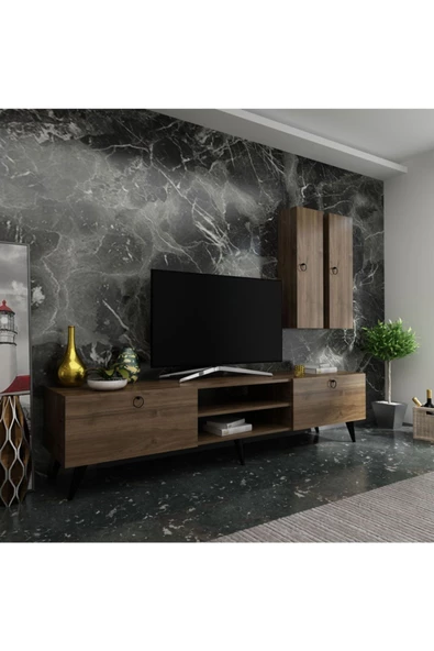 MobilyaFırsat Ideal Tv Ünitesi Duvar Raf Ve Duvar Dolaplı Q7018-2 Ceviz ürün görseli 1