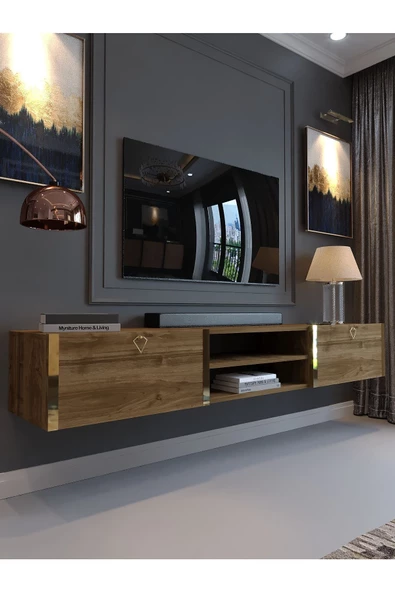 Myniture Home & Living Festival Duvara Monte Tv Sehpası Ceviz G10009-2 Gold