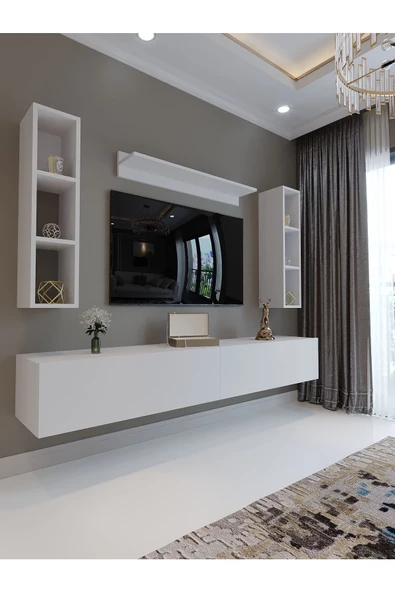 Myniture Home & Living Festival Tv Sehpası Q6400-1 Beyaz Parlak Minifiks Bağlantı Duvara Monte Tv Ünitesi