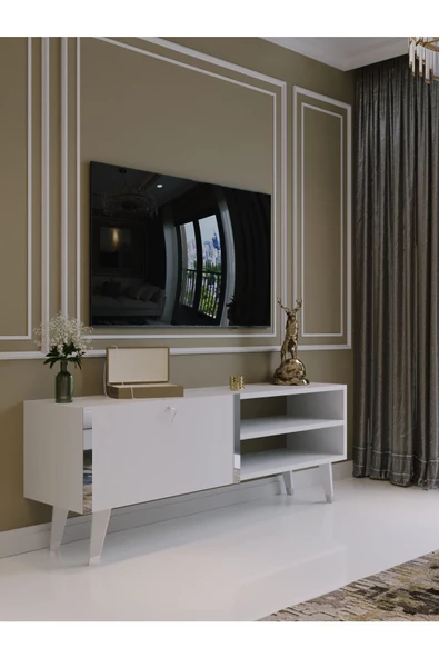 Myniture Home & Living Festival Tv Sehpası S6304-1 Beyaz Parlak Silver detaylı Minifiks Bağlantı Tv Ünitesi ürün görseli 1