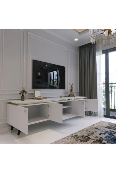 Myniture Home & Living Modern Tv Sehpası Gold Üçgen Kulp Kepli G0m24-1 Beyaz 35 Cm Derinlik - Resim 2