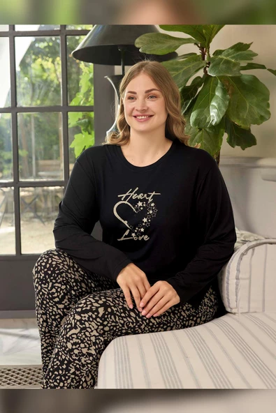 Aydoğan Kadın inci Büyük Beden Heart Love Siyah Pijama Takım 0661