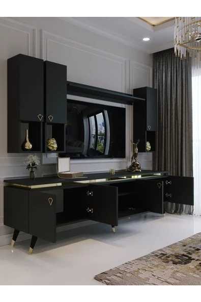 Myniture Home & Living Modern Tv Sehpası Gold Üçgen Kulp Kepli G9024-4 Antrasit 35 Cm Derinlik - Resim 2