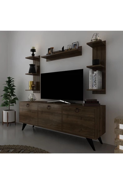Myniture Home & Living Icon Raflı Tv Ünitesi Q3028-2 Ceviz Kulplu Dolaplı Modern Tv Sehpası