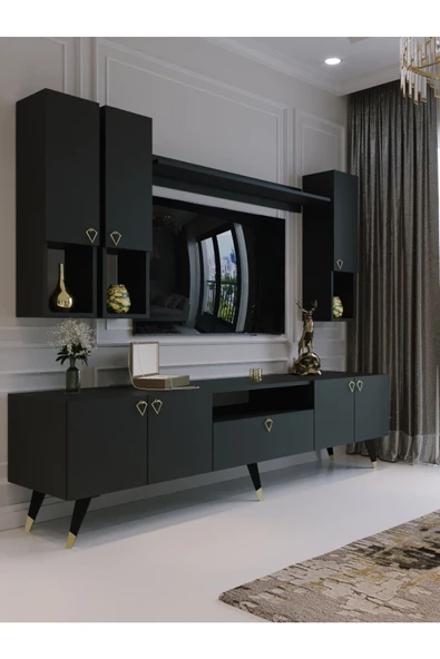 Myniture Home & Living Modern Tv Sehpası Gold Üçgen Kulp Kepli G8024-4 Antrasit ürün görseli 1