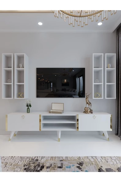 Myniture Home & Living Festival Tv Ünitesi G3001-1 Beyaz Parlak Gold detaylı Minifiks Bağlantı Tv Sehpası ve Duvar Rafı - 2