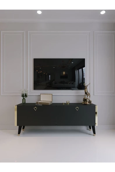 Myniture Home & Living Festival Tv Sehpası G6305-4 Antrasit Gold detaylı Minifiks Bağlantı Tv Ünitesi - Resim 2