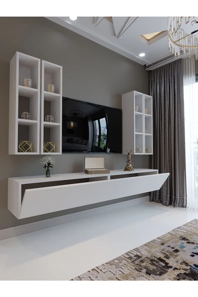 Myniture Home & Living Festival Tv Sehpası Q6401-1 Beyaz Parlak Minifiks Bağlantı Duvara Monte Tv Ünitesi - 3
