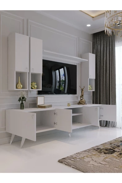 Myniture Home & Living Modern Tv Sehpası Silver Gümüş Üçgen Kulp Kepli S8024-1-1 Beyaz - 2