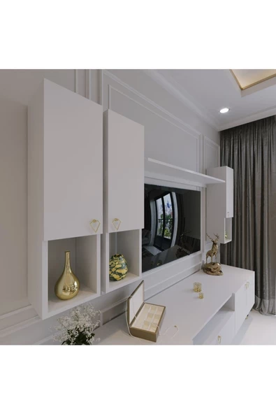 Myniture Home & Living Modern Tv Sehpası Gold Üçgen Kulp Kepli Q8024-1 Beyaz - Resim 3