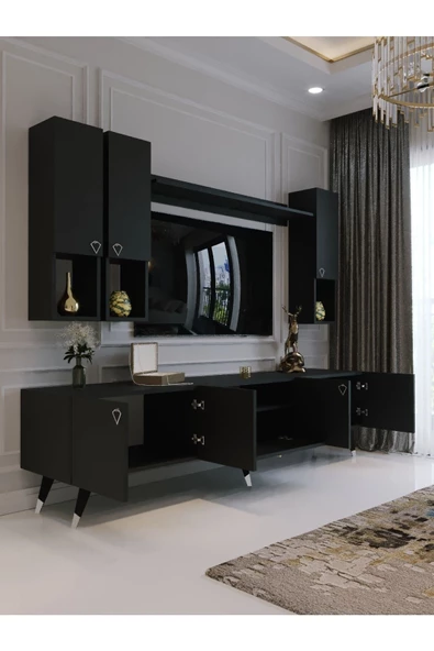 Myniture Home & Living Modern Tv Sehpası Silver Gümüş Üçgen Kulp Kepli S8024-4 Antrasit - Resim 2