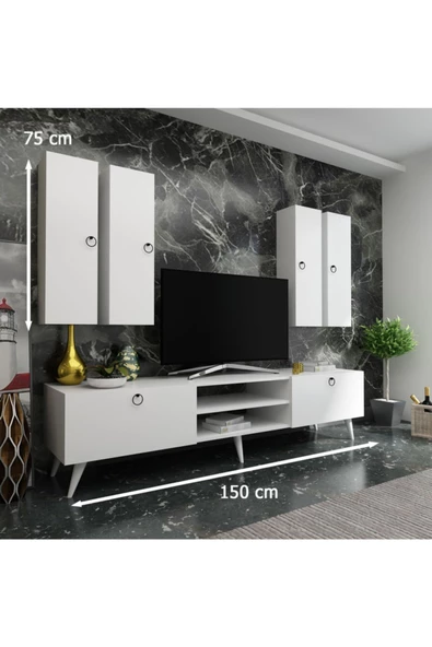 MobilyaFırsat Ideal Tv Ünitesi Duvar Raf Ve Dolaplı Q7821-1 Beyaz - Resim 2