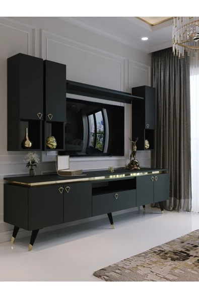 Myniture Home & Living Modern Tv Sehpası Gold Üçgen Kulp Kepli G9024-4 Antrasit 35 Cm Derinlik ürün görseli 1