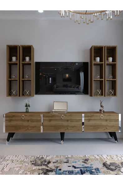 Myniture Home & Living Festival Tv Ünitesi S3002-2 CEVİZ - COLOR Silver detaylı Minifiks Bağlantı Tv Sehpası ve Duvar Rafı - 2