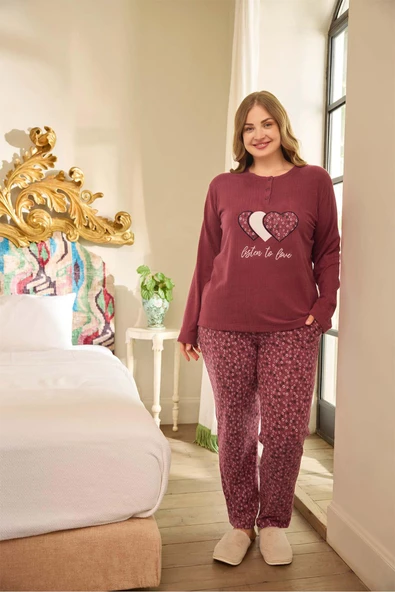 Aydoğan Kadın Suzi Büyük Beden Termal Bordo Pijama Takım 0678 - Resim 2
