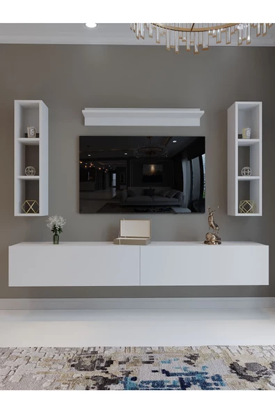 Myniture Home & Living Festival Tv Sehpası Q6400-1 Beyaz Parlak Minifiks Bağlantı Duvara Monte Tv Ünitesi - 2