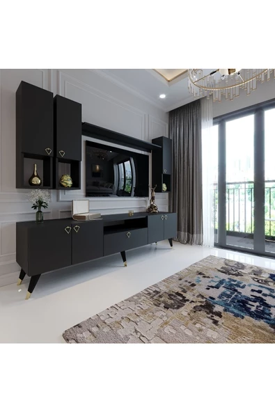 Myniture Home & Living Modern Tv Sehpası Gold Üçgen Kulp Kepli Q8024-4 Antrasit - Resim 2