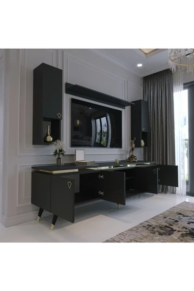 Myniture Home & Living Modern Tv Sehpası Gold Üçgen Kulp Kepli G9025-4 Antrasit 35 Cm Derinlik - Resim 2