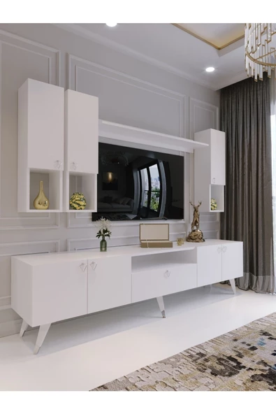 Myniture Home & Living Modern Tv Sehpası Silver Gümüş Üçgen Kulp Kepli S8024-1-1 Beyaz