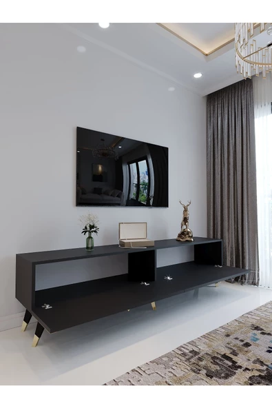 Myniture Home & Living Festival Tv Ünitesi G3011-4 Antrasit Gold detaylı Minifiks Bağlantı Tv Sehpası - Resim 3