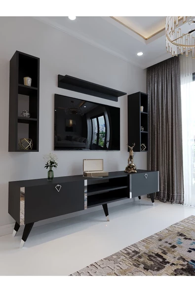 Myniture Home & Living Festival Tv Ünitesi S3009-4 Antrasit - Silver Detaylı Minifiks Bağlantı Tv Sehpası Ve Duvar Rafı - 1