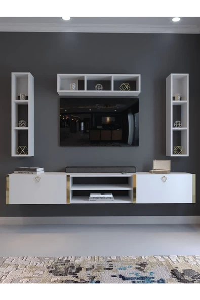 Myniture Home & Living Festival Tv Ünitesi G13006-1 Beyaz Parlak Gold Duvara Monte tv sehpası - Resim 2