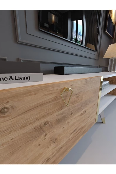 Myniture Home & Living Festival Tv Sehpası G3830-6-1 Gold Beyaz Atlantik Çam - Resim 4