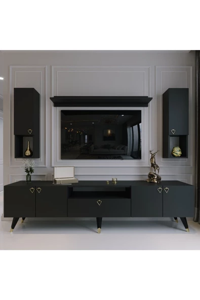 Myniture Home & Living Modern Tv Sehpası Gold Üçgen Kulp Kepli Q8025-4 Antrasit