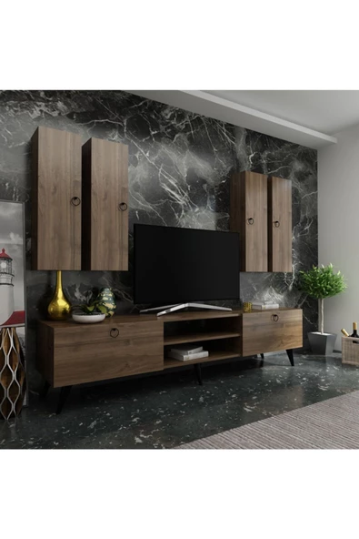 MobilyaFırsat Ideal Tv Ünitesi Duvar Raf Ve Duvar Dolaplı Q7021-2 Ceviz