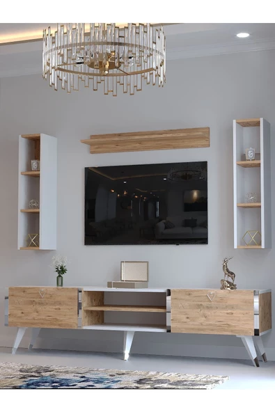 Myniture Home & Living Festival Tv Ünitesi S3009-6-1 BEYAZ ATLANTİK SİLVER COLOR Tv Sehpası ve Duvar Rafı - Resim 3