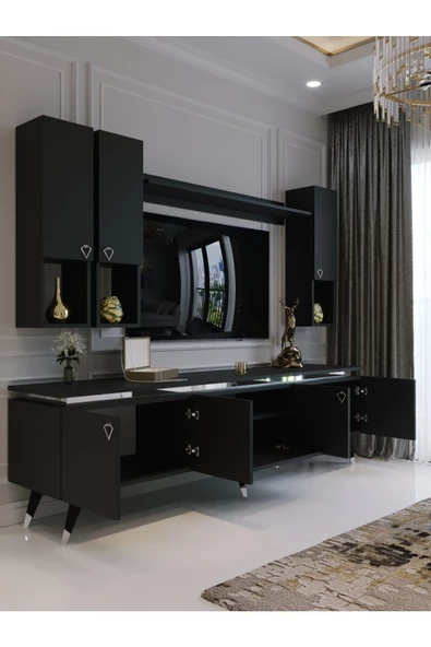 Myniture Home & Living Modern Tv Sehpası Gümüş Üçgen Kulp Kepli S9024-4 Antrasit 35 Cm Derinlik - Resim 2