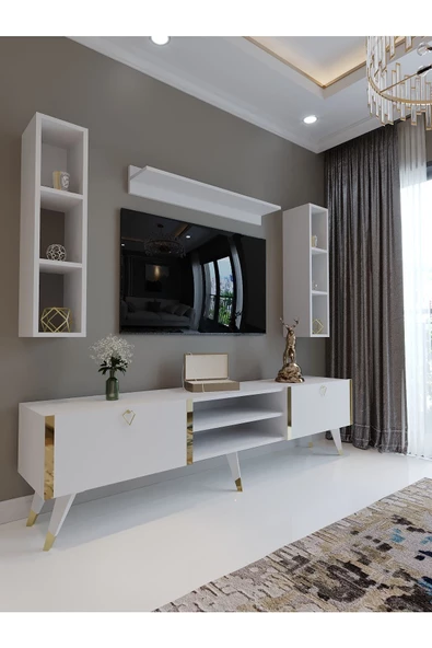 Myniture Home & Living Festival Tv Ünitesi G3009-1 Beyaz Parlak Gold detaylı Minifiks Bağlantı Tv Sehpası ve Duvar Rafı ürün görseli 1