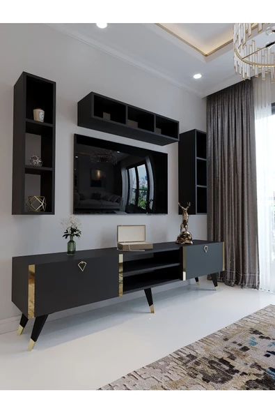 Myniture Home & Living Festival Tv Ünitesi G3006-4 Antrasit - Gold detaylı Minifiks Bağlantı Tv Sehpası ve Duvar Rafı ürün görseli 1