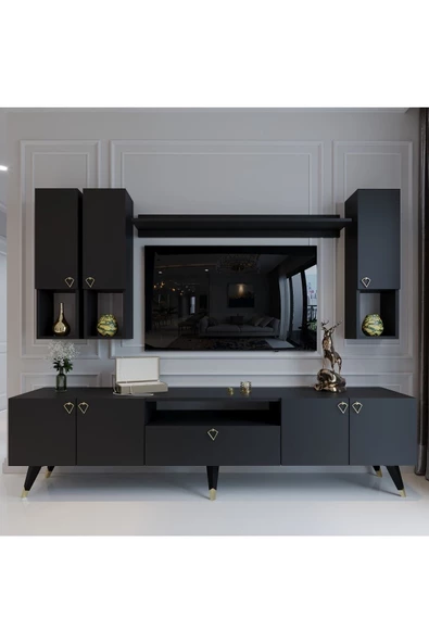 Myniture Home & Living Modern Tv Sehpası Gold Üçgen Kulp Kepli Q8024-4 Antrasit ürün görseli 1