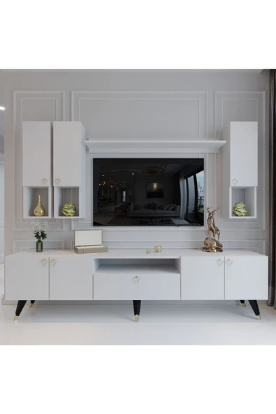 Myniture Home & Living Modern Tv Sehpası Gold Üçgen Kulp Kepli Q8024-1 Beyaz ürün görseli 1