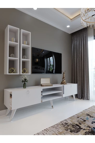 Myniture Home & Living Festival Tv Ünitesi S3000-1 Beyaz Parlak Silver detaylı Minifiks Bağlantı Tv Sehpası ve Duvar Rafı ürün görseli 1