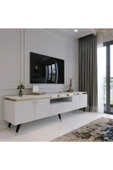 Myniture Home & Living Modern Tv Sehpası Gold Üçgen Kulp Kepli G0m24-1 Beyaz 35 Cm Derinlik ürün görseli 1