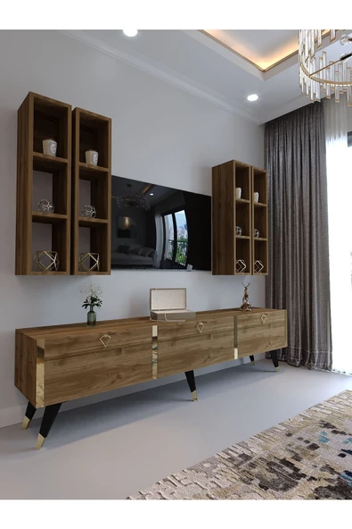 Myniture Home & Living Festival Tv Ünitesi G3002-2 CEVİZ - COLOR Gold detaylı Minifiks Bağlantı Tv Sehpası ve Duvar Rafı