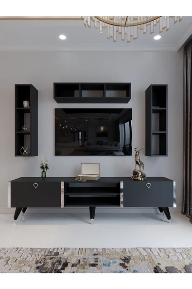 Myniture Home & Living Festival Tv Ünitesi G3006-4 Antrasit - Silver detaylı Minifiks Bağlantı Tv Sehpası ve Duvar Rafı - 2