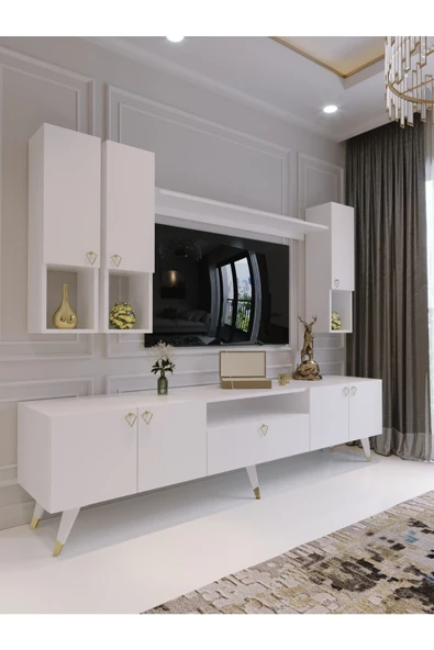 Myniture Home & Living Modern Tv Sehpası Gold Üçgen Kulp Kepli G8024-1-1 Beyaz