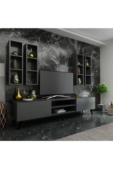 MobilyaFırsat Ideal Tv Ünitesi Duvar Raflı Q7801-4 Antrasit ürün görseli 1