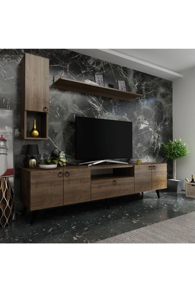 MobilyaFırsat Ideal Tv Ünitesi Duvar Raf Ve Duvar Dolaplı Q7026-2 Ceviz
