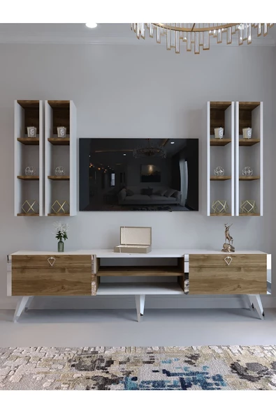 Myniture Home & Living Festival Tv Ünitesi S3001-2-1 CEVİZ BEYAZ  - COLOR SİLVER Tv Sehpası ve Duvar Rafı - Resim 2